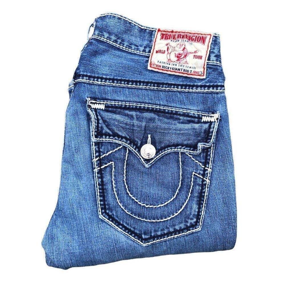 TRUE Religion Jeans Size 34 RICKY GIANT BIG T Blue